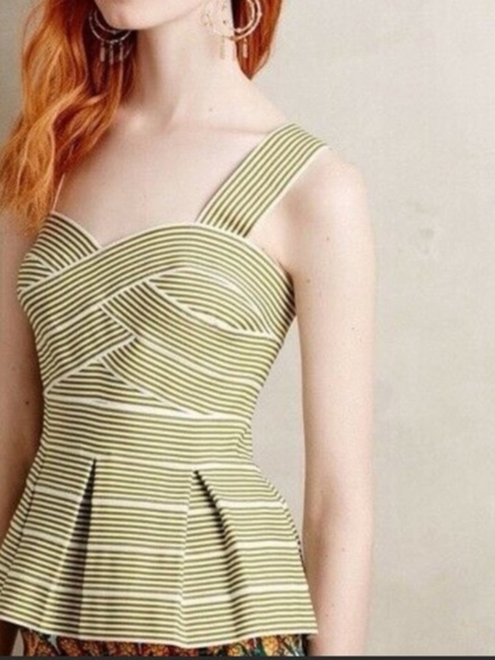 Anthropologie HD in Paris Olive Green Striped  Peplum Top